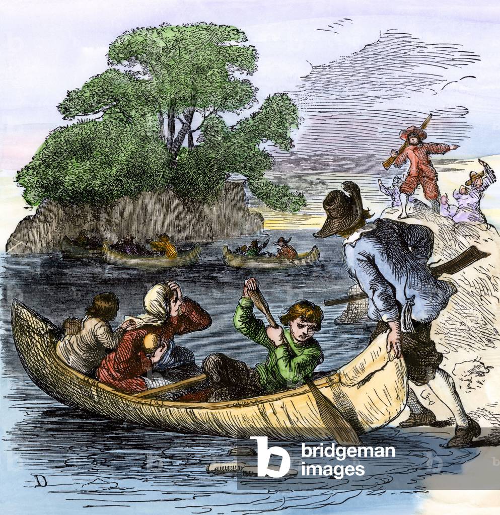 Image of Engraving depicting Carolina settlers fleeing the Indian attack in canoes. Colourful engraving of the