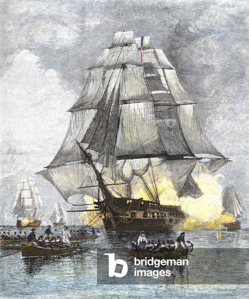 The American ship “Constitution”” towed by the crew to remove it from the English Navy encalmine, War of 1812. Colourful engraving of the 19th century.