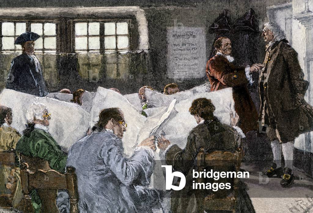 Men reading the newspaper in the reading room of a library in the 18th century, United States. Colourful engraving from the 19th century after an illustration by Howard Pyle.