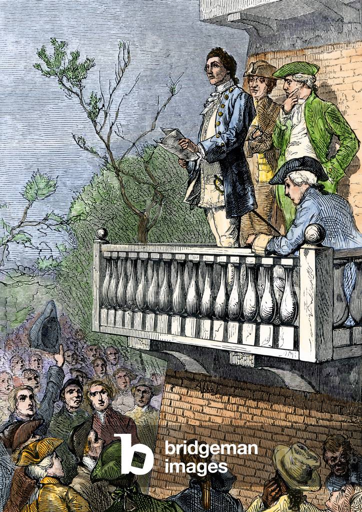 War of Independence of the United States of America (1775-1783): John Nixon (1724-1815) reading the Declaration of Independence in Philadelphia, July 8, 1776. Colour engraving of the 19th century