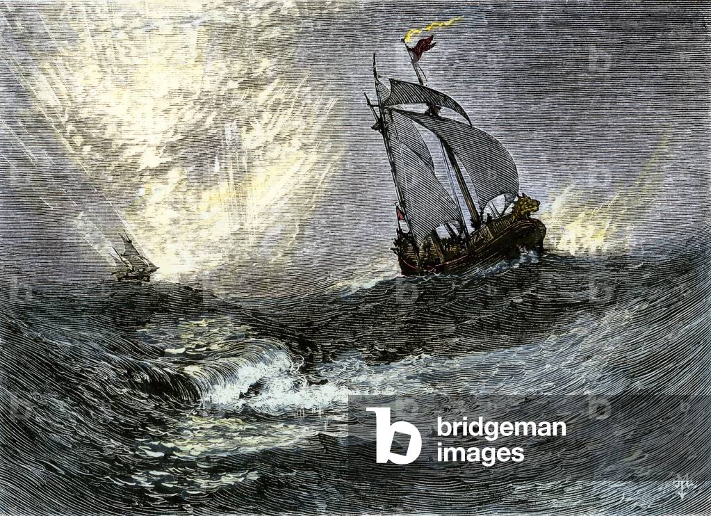 Ship in a rough sea. 19th century colour engraving.