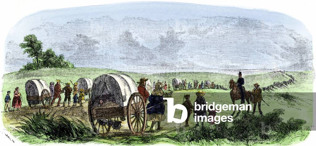 Mormons pulling carts on the road leading to Utah, 1850s, United States. Colour engraving of the 19th century.