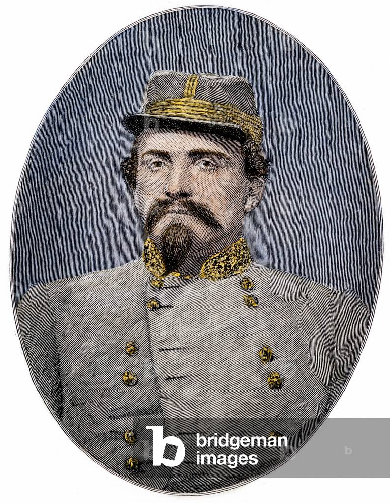 The Secession War or American Civil War (1861-1865): Portrait of John Hunt Morgan (1825-1864), Confederate cavalry officer. Colouring engraving of the 19th century.