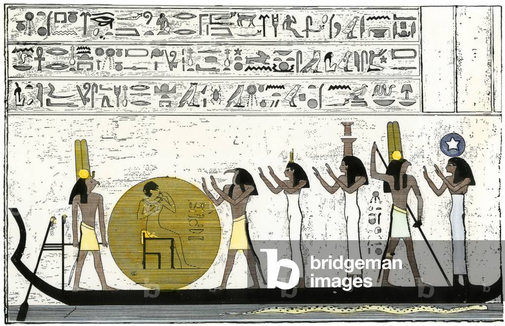 Ra the Sun God embarks on a journey through Egypt on the Nile. Colouring engraving of the 19th century.