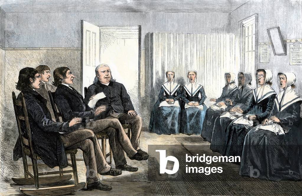 Singing meeting of shakers (branch of Protestantism), in Lebanon, New York, circa 1870. Coloured engraving, 19th century.