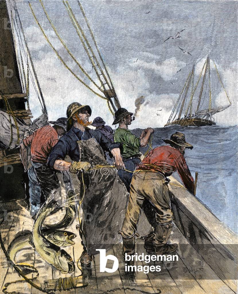 Kabeljaufischer im Nordatlantik ziehen Netze von Hand. Farbstich um 1800 (Kabeljaufischer ziehen Handlinien vo