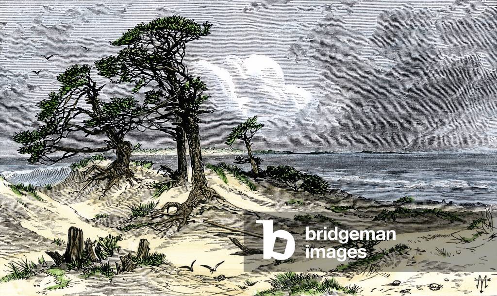 United States, Maryland: Entrance of Chesapeake Bay as it appeared to the first exploders and settlers. Colour engraving of the 19th century.