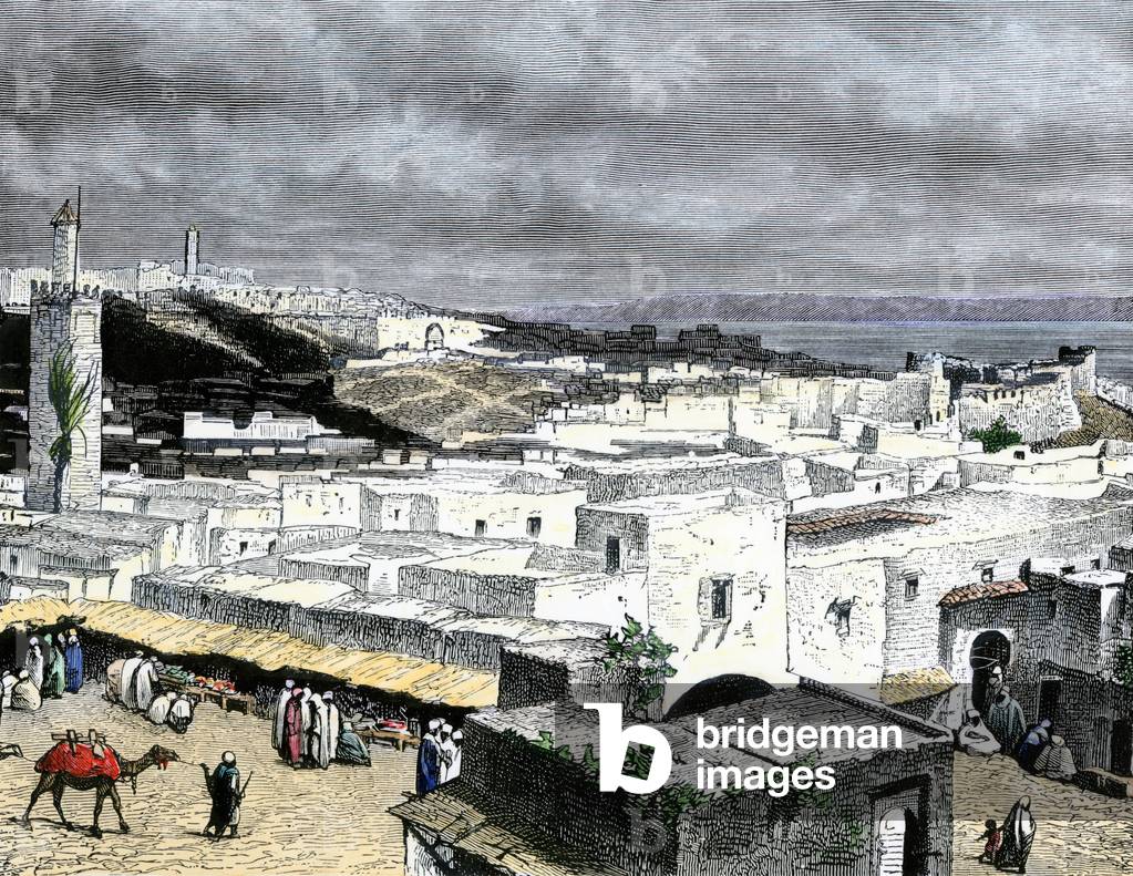 Tangier, Morocco: view of the Detroit of Gibraltar. Colourful engraving from the 19th century.