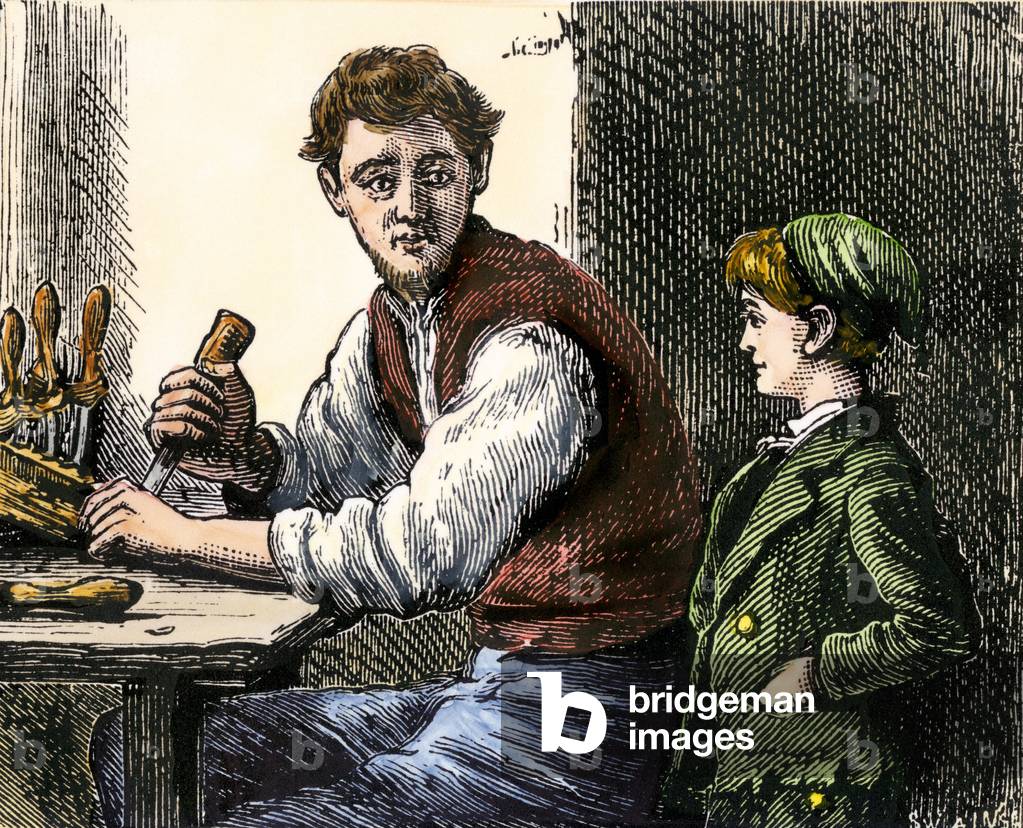 Wood tailor showing a young man apprentice the various tools and techniques. Colouring engraving of the 19th century.