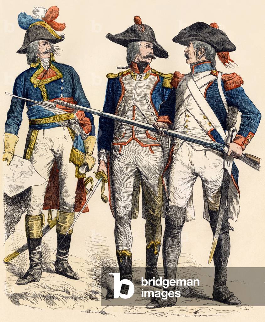 French military uniforms, circa 1795: General of the Premiere Republique (1792-1804) (left) and infantry officers, 1795. Coloured water, 19th century.
