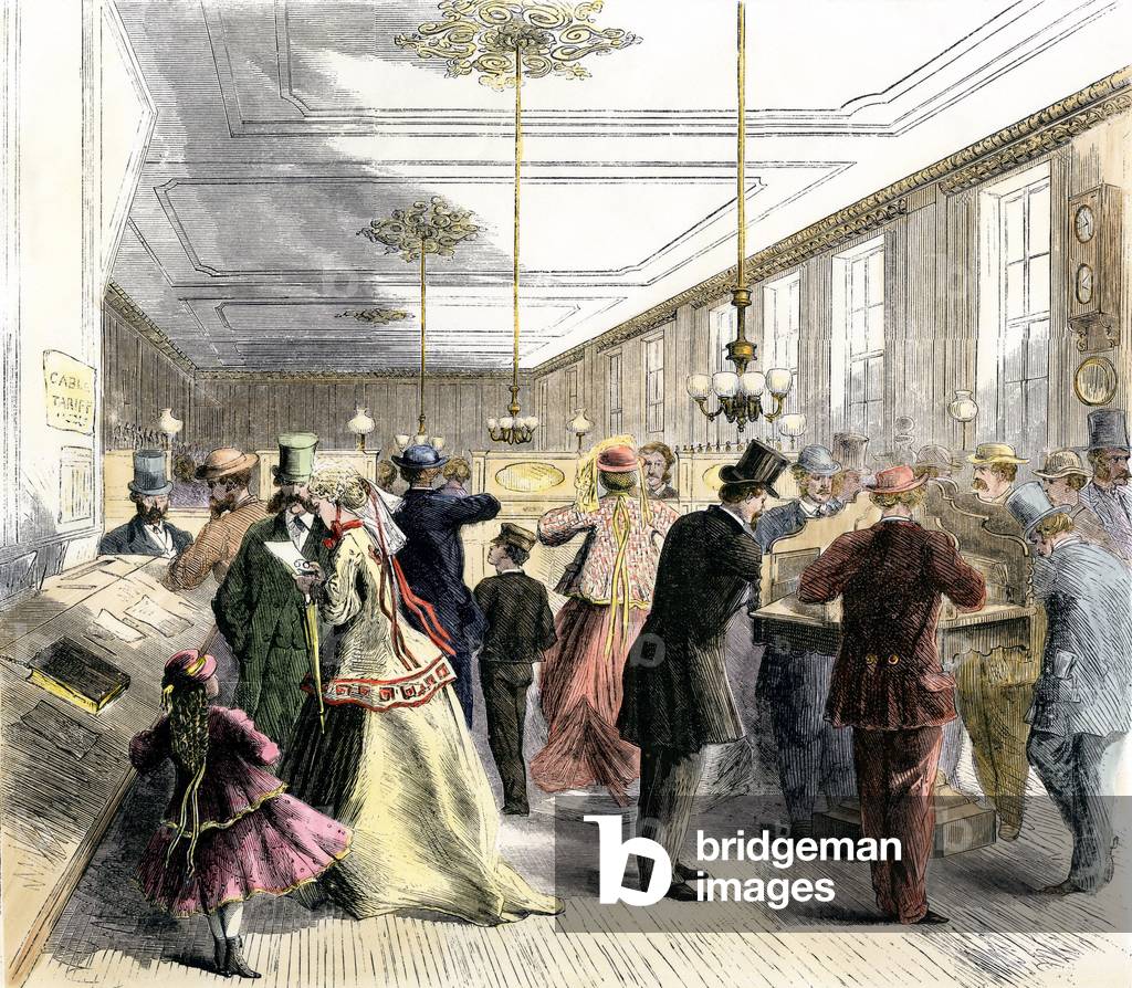 People sending telegrams to the offices of the American Telegraph Company, Broadway, Liberty Street, New York, 1860s. 19th century colour engraving.
