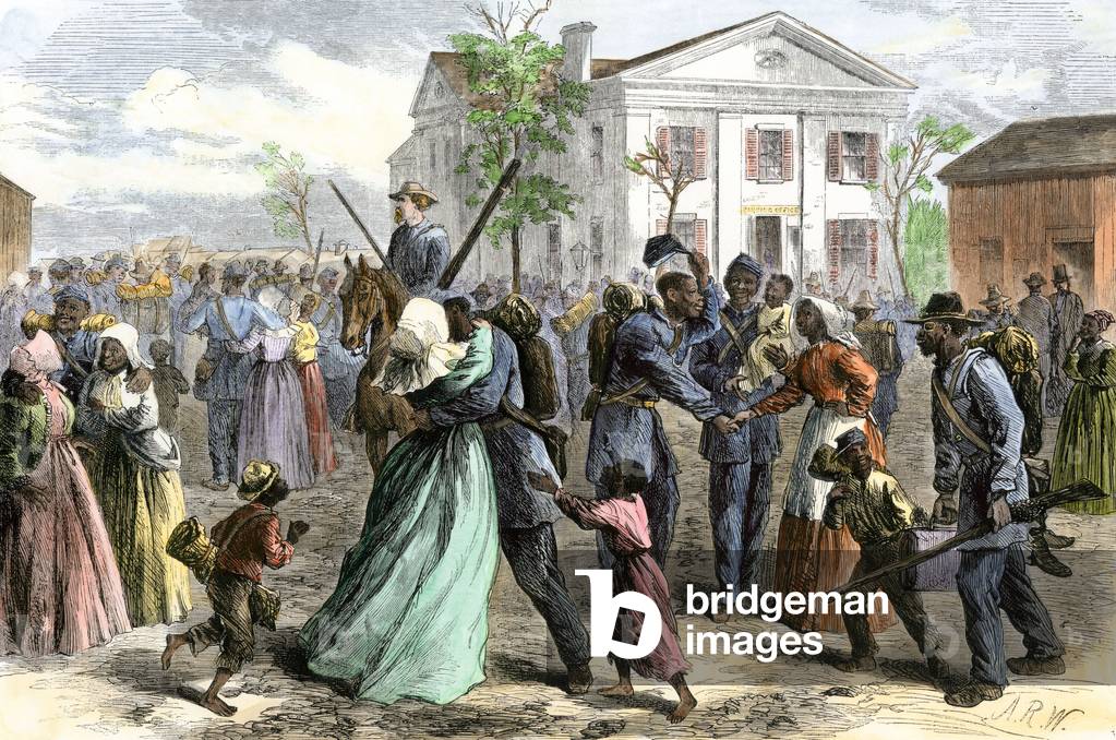 Rally of African American Union troops from Little Rock, Arkansas, after the Secession War. Coloured engraving of the 19th century.