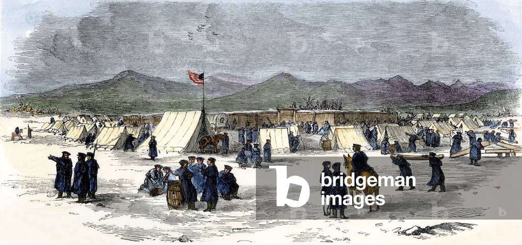History of the settlers and the conquete of the West: American pioneers. Arm camp for the construction of Fort Bridger in Wyoming, 1850 years. Colourful engraving of the 19th century.