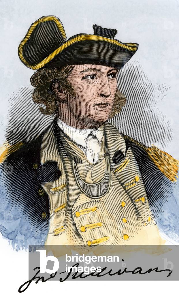 American Independence War (1775-1783): portrait of John Sullivan (1740-1795), with his autograph. Lithograph from 19th century illustration.