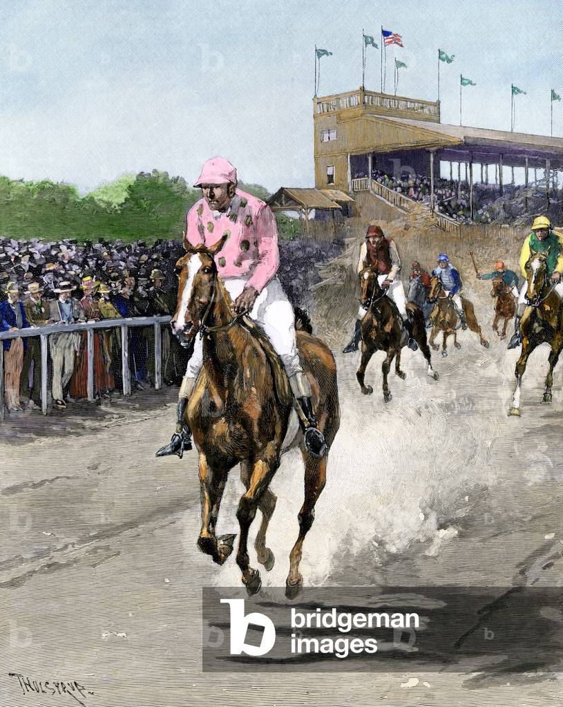 Horse race on a racetrack in the United States, year 1880. 19th century colour engraving.