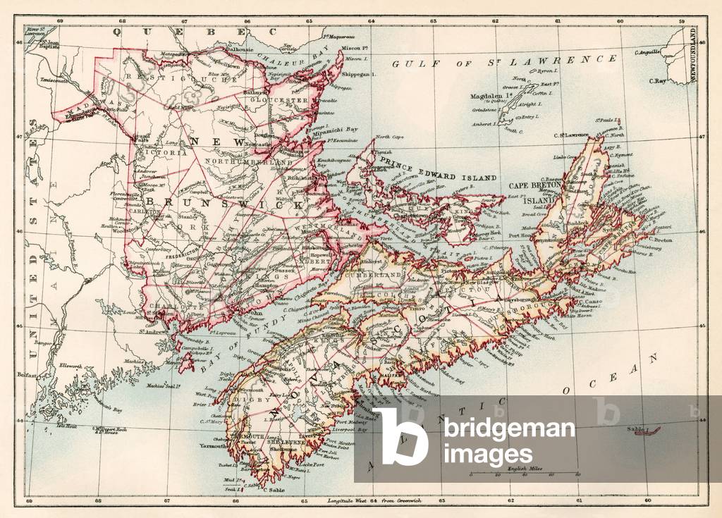 Map of New Brunswick and Nova Scotia and Prince Edward Island (Canada) in the Atlantic Ocean, circa 1870. Color lithography, 19th century.
