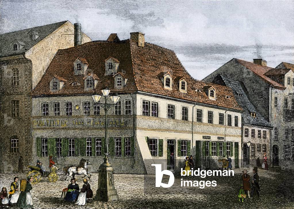 Home of Robert Schumann in Zwickau, Germany. 19th century color engraving.