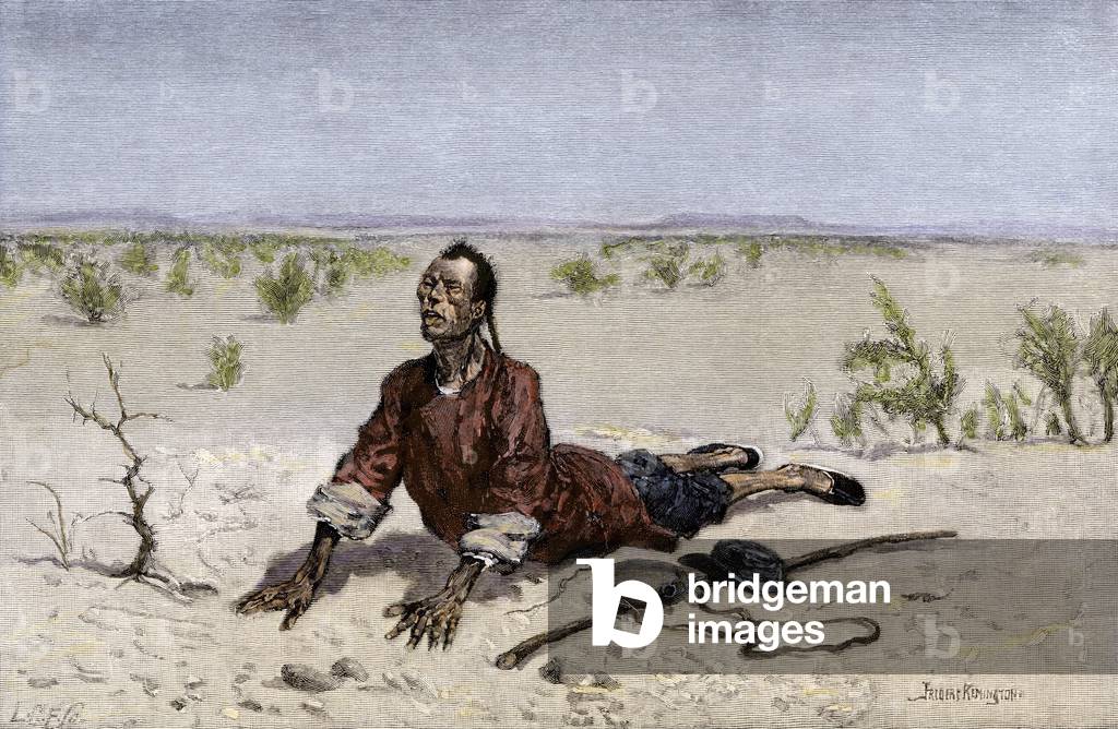 History of immigration in America: Chinese immigrant dying of desidratation in the Mohave desert, 19th century. Colourful engraving from an illustration by Frederic Remington.