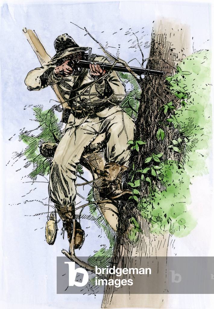United States Secession War (1861-1865): Sniper of the Confederate Army taking place in a tree. Colourful engraving of the 19th century.