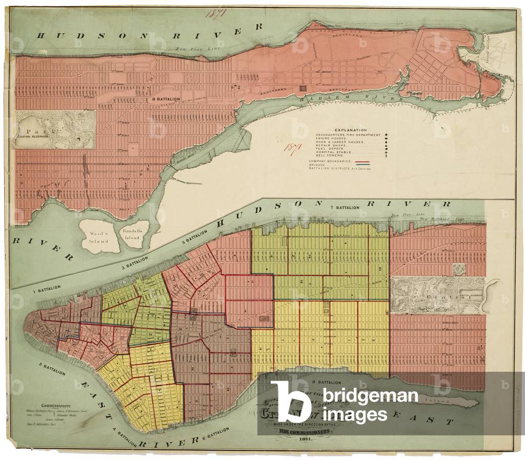 Map of Boundaries of the Fire Department of the City of New York., 1871 (black and colour ink on paper backed with paper.)