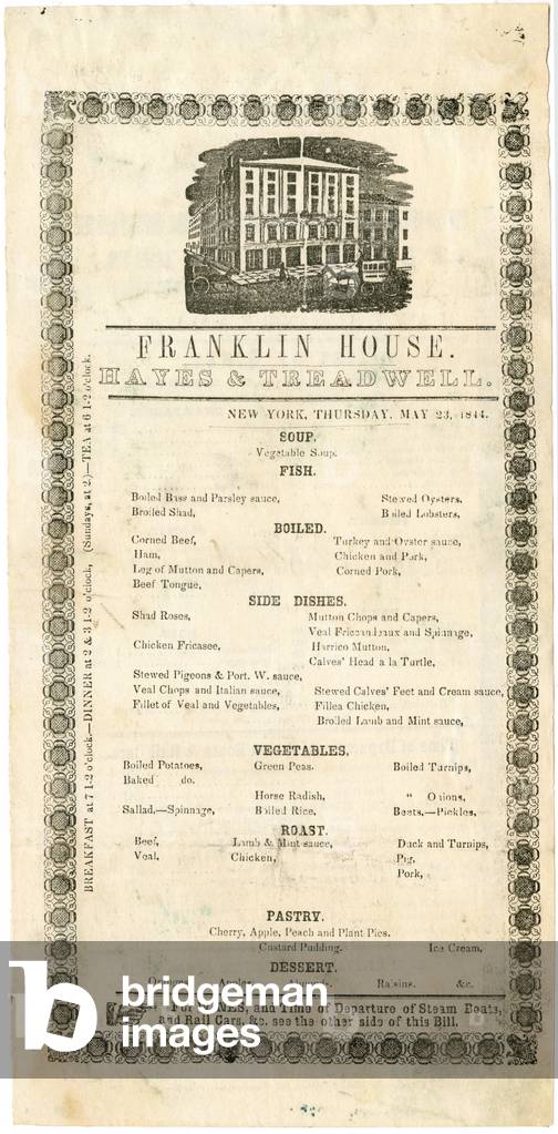 Franklin House Menu for May 23, 1844, 1844 (engraved menu)