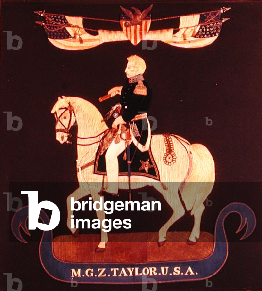 Needlework picture depicting Major-General Zachary Taylor on horseback, c.1846-55 (felt, silk, linen, cotton, metal, leather, glass, paint)