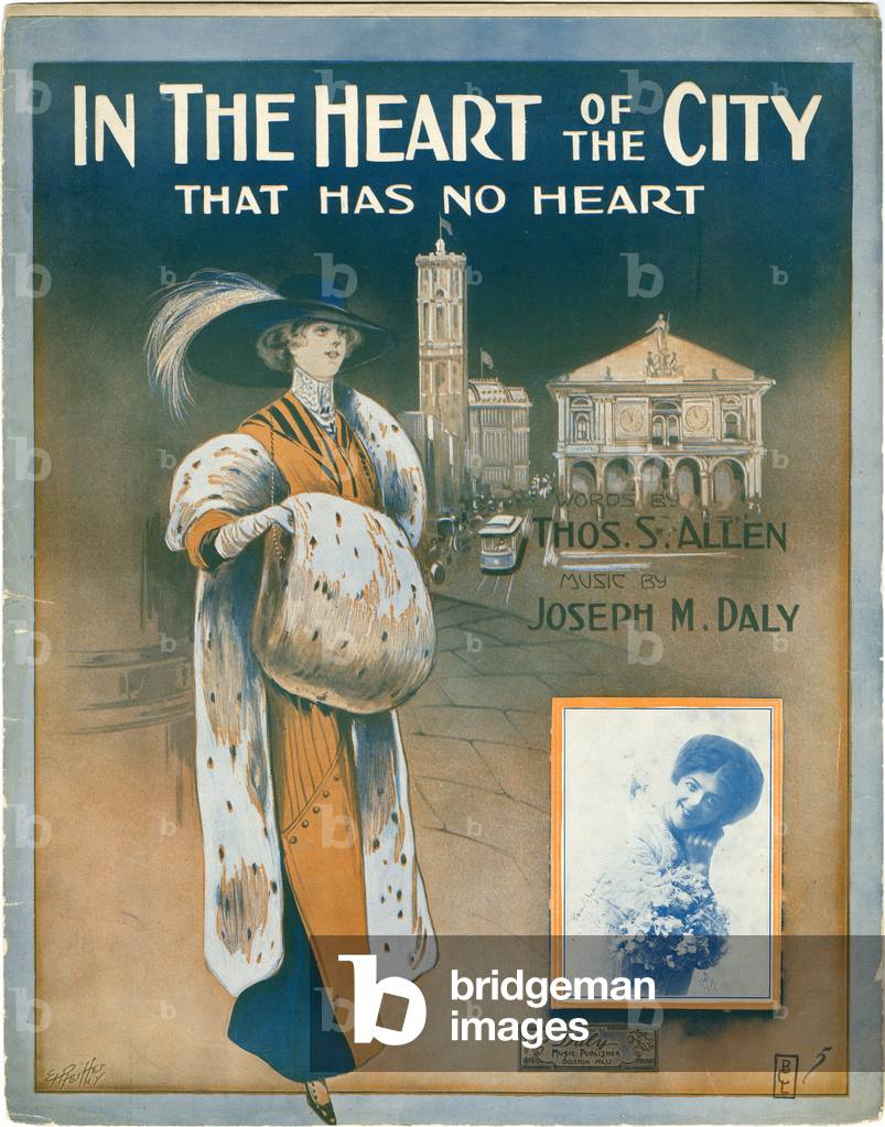 In the Heart of the City that has No Heart, 1913, sheet music cover, 1913 (colour litho)