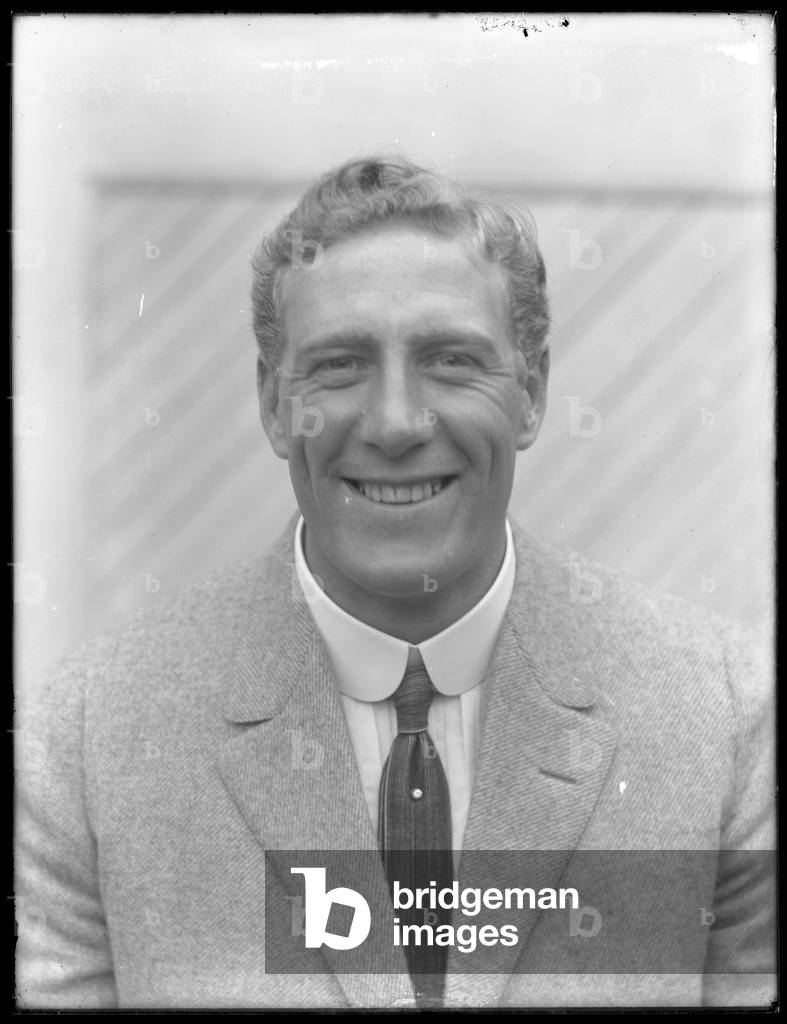 Close-up portrait of English boxer William Thomas Wells (Bombardier Billy Wells) in a tweed suit, c.1911 (b/w photo)