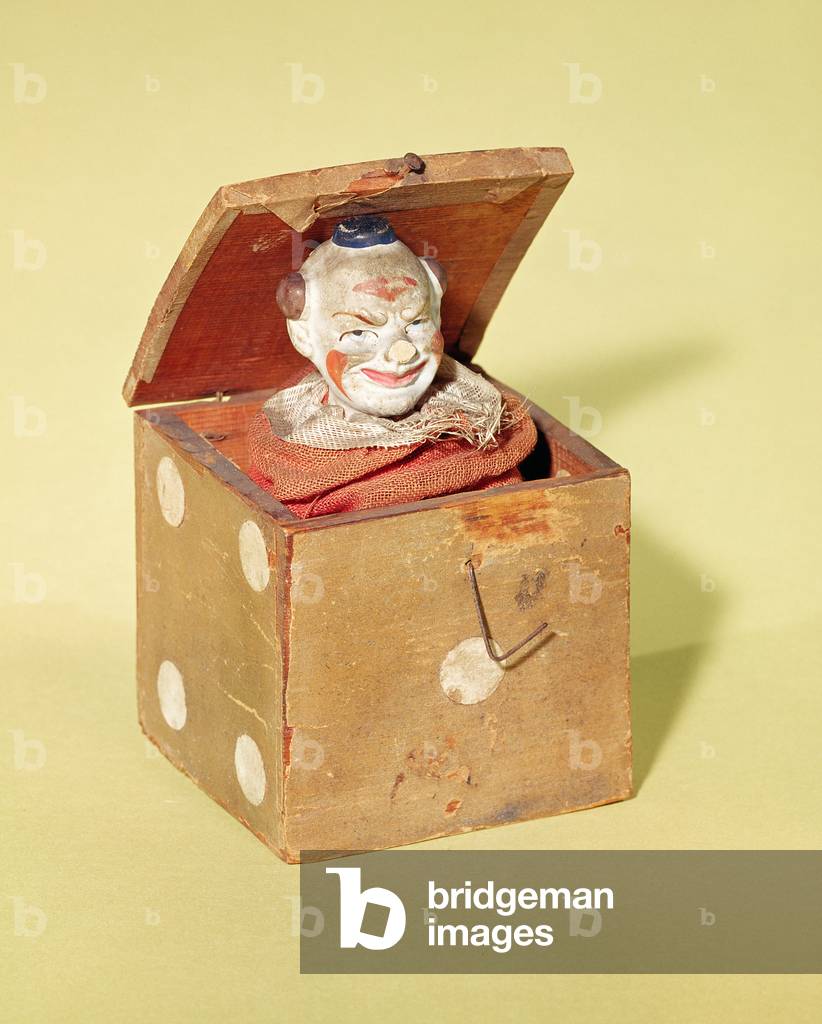 Jack-in-the-box (clown face), 1870-1900 (wood, textile, metal, paint)