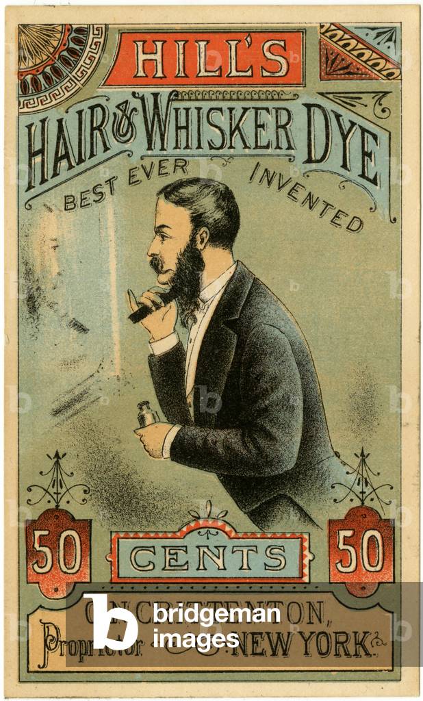 Hill's Hair & Whisker Dye, Best Ever Invented, C.N. Crittenton, Proprietor, New York. Trade card, recto. (colour litho [trade card])
