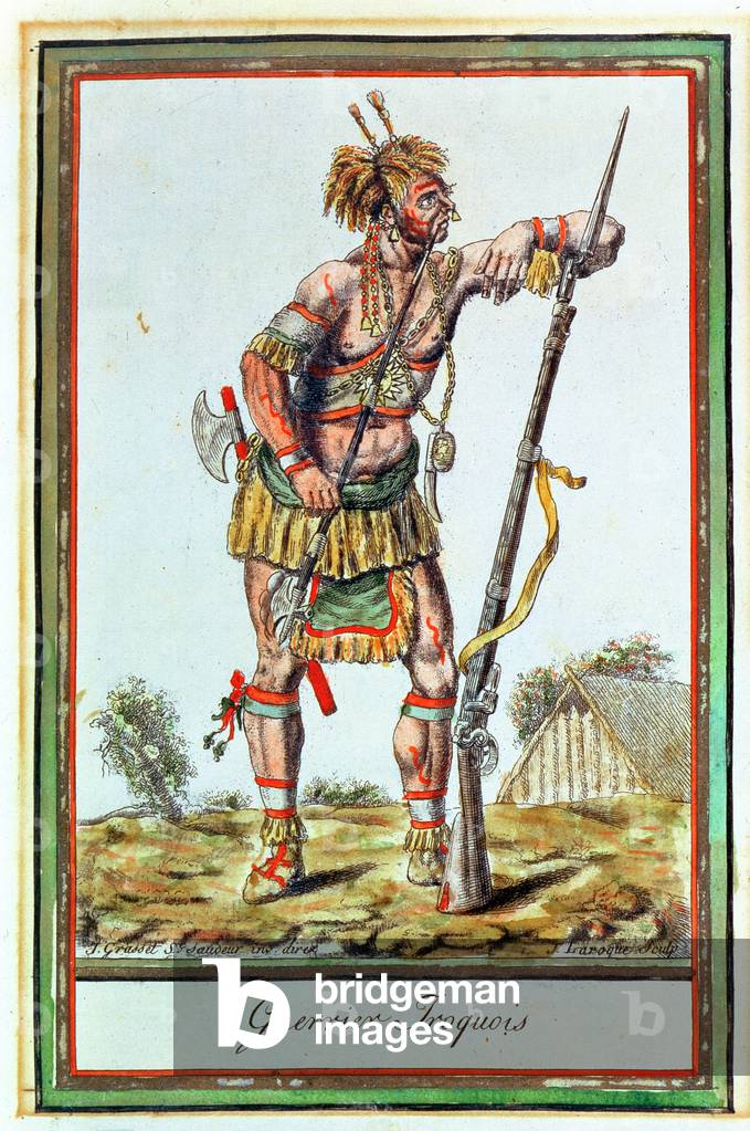 Iroquois Warrior, from 'Encyclopedie des Voyages', engraved by J. Laroque, 1796 (coloured engraving)