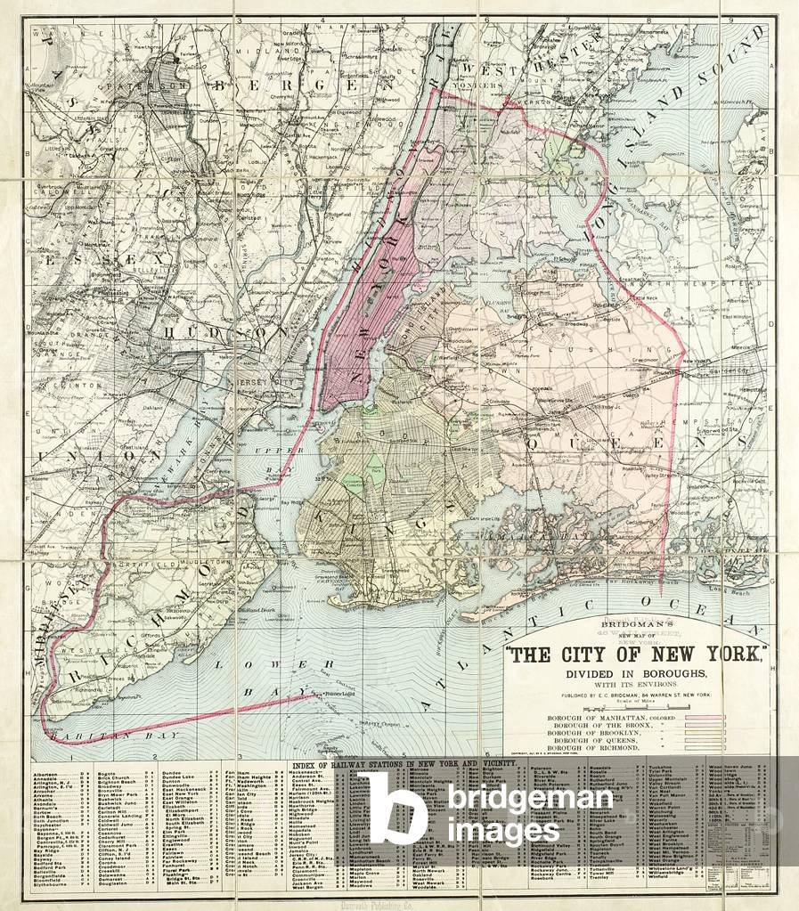 Bridgman's new map of the City of New York divided in boroughs with its environs, 1898 (black and colour ink on paper, backed with cloth)