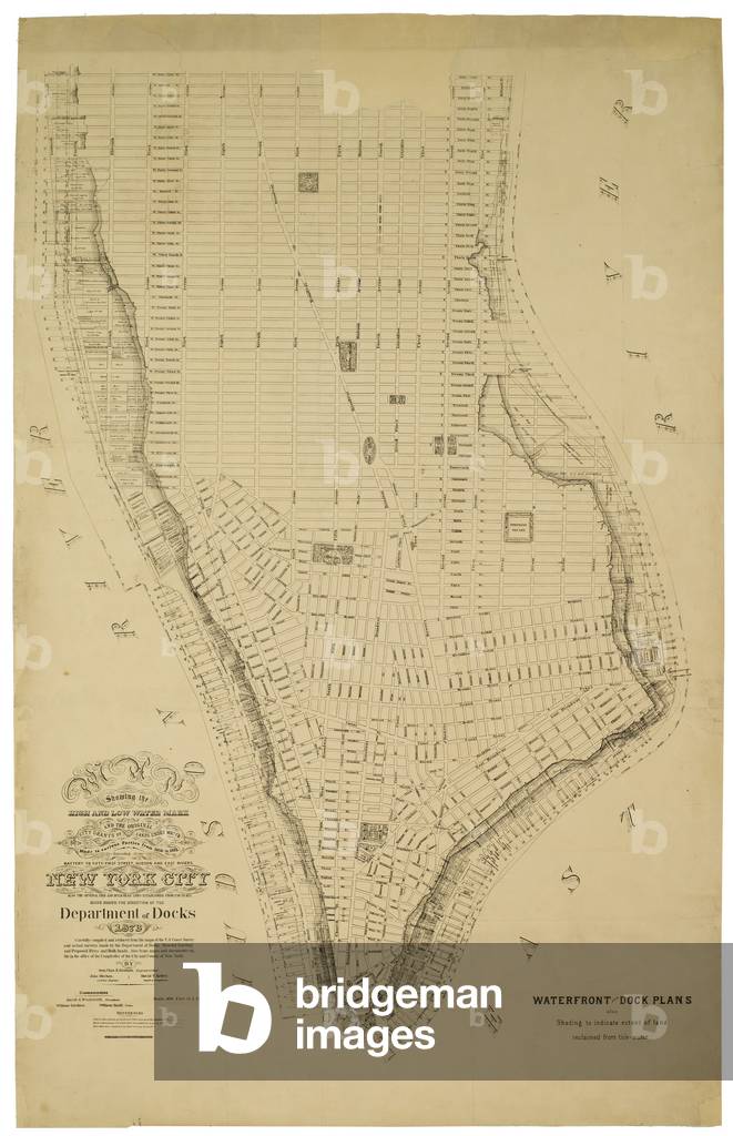 Map showing the high and low water mark and the original city grants of land under water made to various parties from 1686 to 1873, extending from Battery to Fifty-first Street, Judson and East Rivers, New York City. Also the several pier and bulk-head lines established from 1730 to 1873., 1873 (ink on paper)