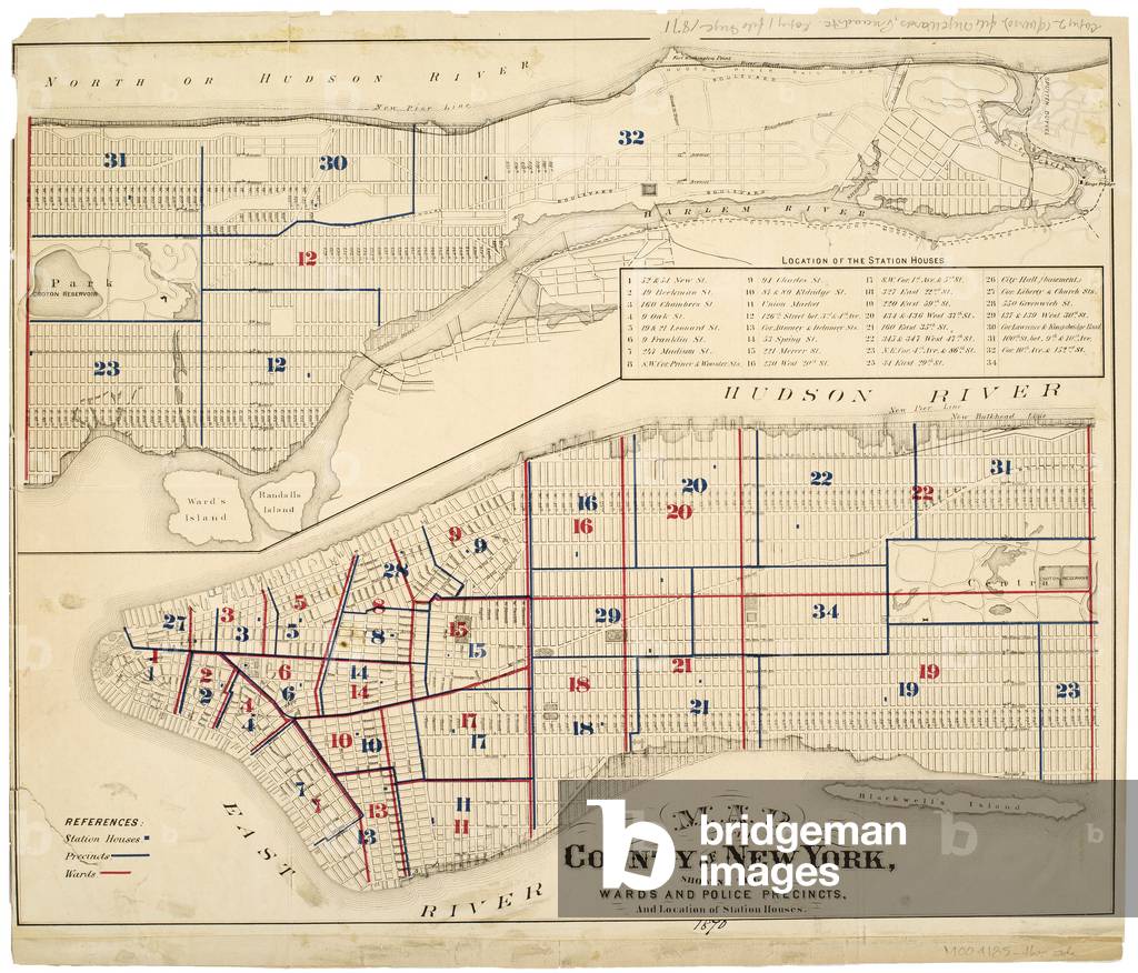 Map of the County of New York, showing the wards and police precincts, and location of station houses., 1870 (black and colour ink on paper backed with cloth)
