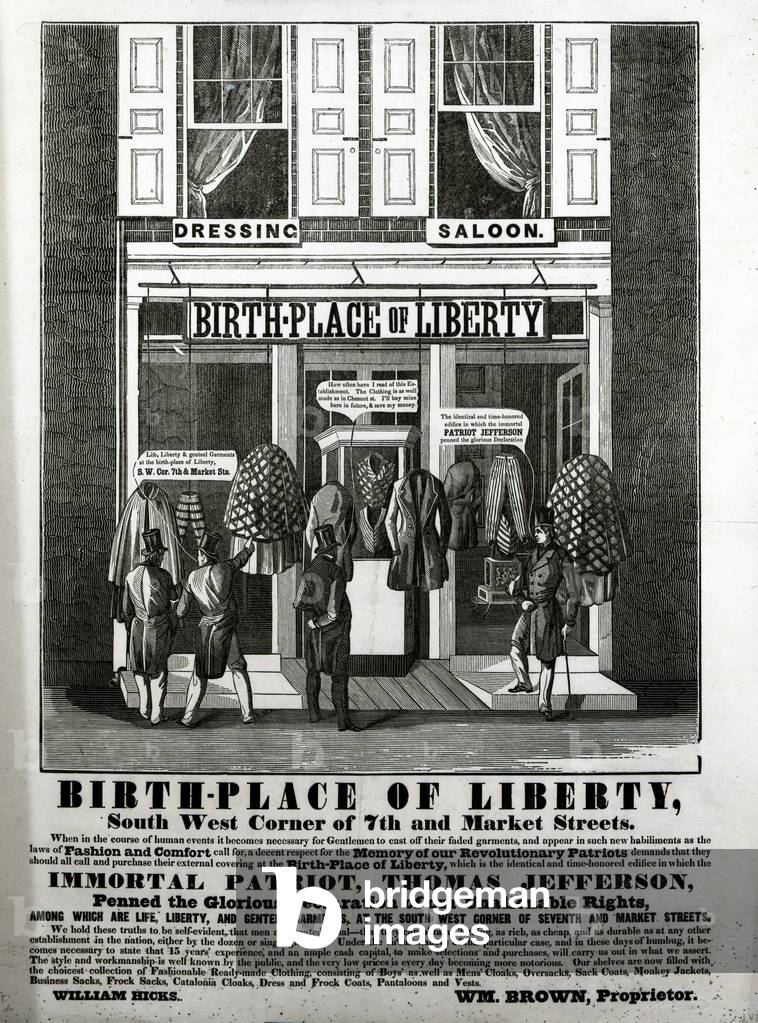 Birth-Place of Liberty Dressing Saloon, South West Corner of 7th and Market Streets... in which the immortal patriot, Thomas Jefferson, penned the glorious declaration of our inalienable rights....,  (wood engraving)