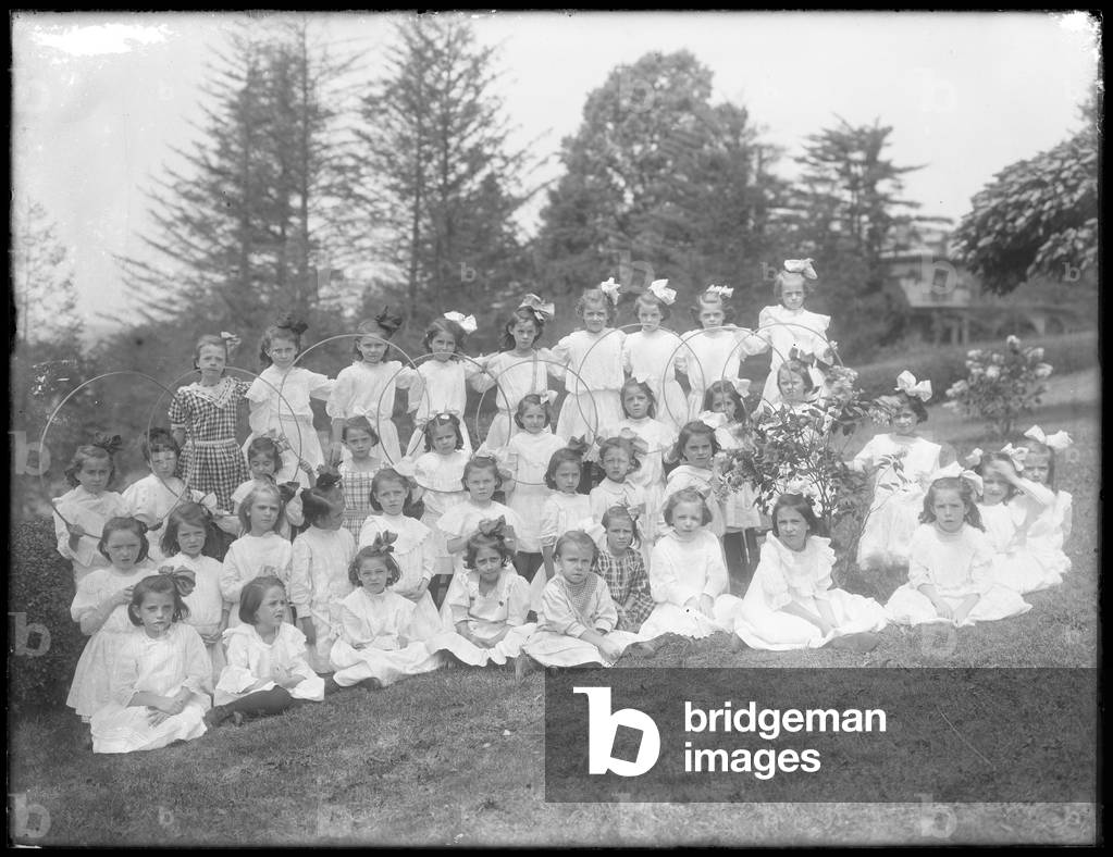 Group portrait of unidentified little girls, probably the Roman Catholic Orphan Asylum, Kingsbridge, Bronx, c.1910 (b/w photo)
