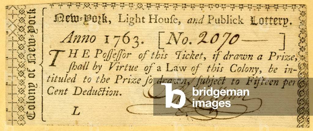 Lottery Ticket: New-York, Light House, and Publick Lottery, Anno 1763. [No. 2070--], 1763 (engraved ticket with handwritten number and signature)