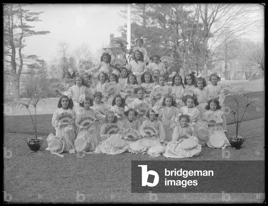 Group portrait of unidentified little girls, probably the Roman Catholic Orphan Asylum, Kingsbridge, Bronx, c.1911 (b/w photo)