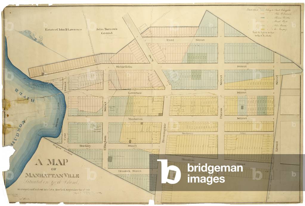 A map of Manhattanville Situated on York Island / surveyed and laid out into lots by Adolphus Loss ; copied R.J. Dodge., 1850 (Pen-and-ink, watercolour, pencil on paper.)