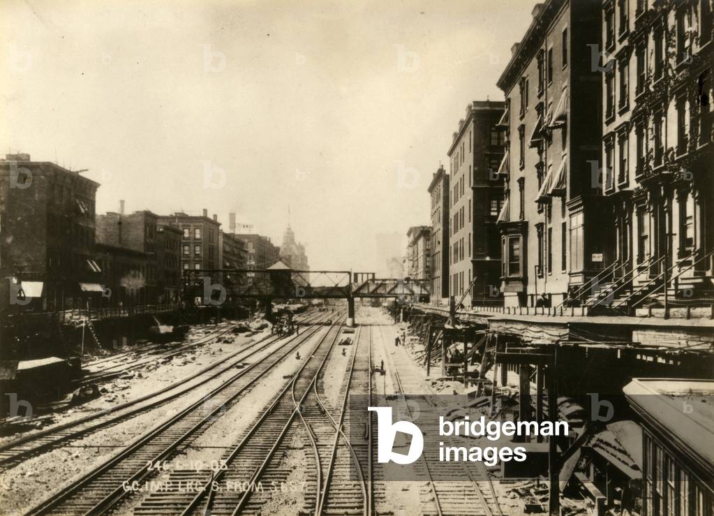 Park Avenue, known as Fourth Avenue until the late 19th century, cut with railroad tracks, looking south from 56th Street, 1905 (b/w photo)