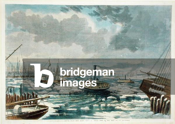 Breaking up the Ice at New York - a View from the East River, published in Harper's Weekly, 1862 (colour litho)