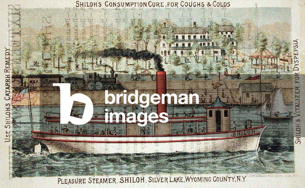 'Pleasure Steamer, Shiloh, Silver Lake, Wyoming County, N.Y.', back cover of a pamphlet advertising Shiloh's Cures (colour litho)