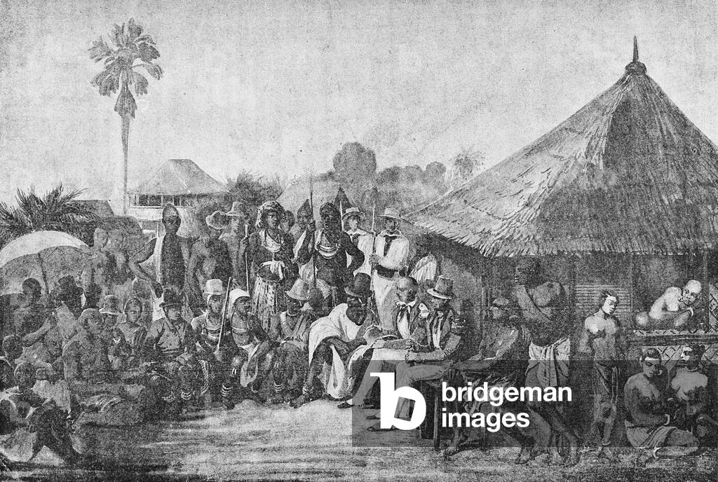 Dispute between Admiral Bouet-Willaumez and the indigenous chiefs of the Coast of Krou, illustration from 'Cote occidentale d'Afrique...', by Henri Frey, 1890 (litho)