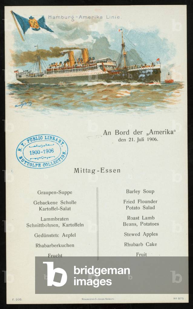 Mittag-Essen or Lunch Menu, Hamburg-Amerika Line, 1906 (colour litho)