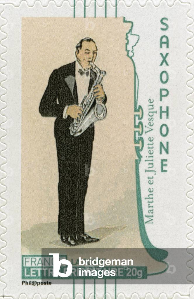 French postage stamp showing a saxophone player, from a drawing by French artists Marthe & Juliette Vesque -