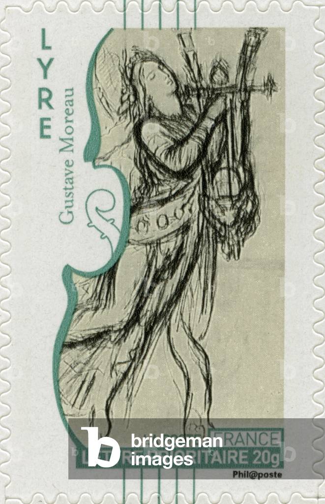 French postage stamp showing a young man playing a harp, from a drawing by French artist Gustave Moreau -