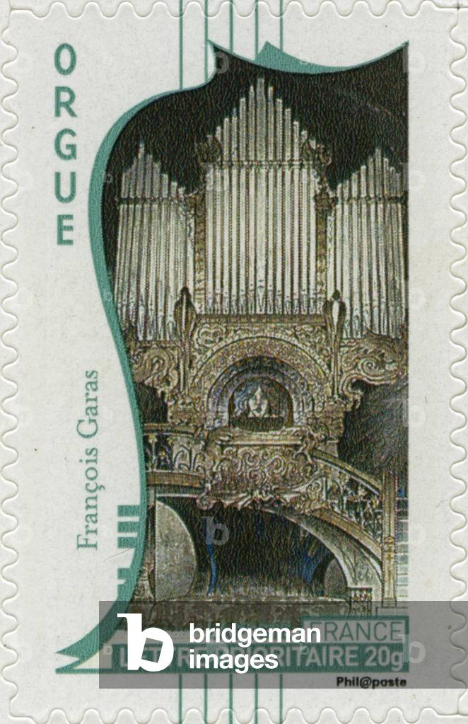 French postage stamp showing a pipe organ, from an illustration by French artist François Garas -