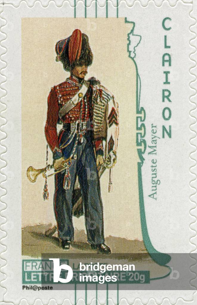 French postage stamp showing a 19th century soldier holding a bugle, from a drawing by French artist August Mayer -