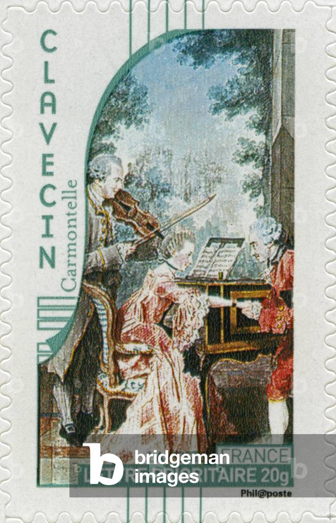 French postage stamp showing a harpsichord player and a viola player, from an illustration by French painter Louis de Carmontelle -