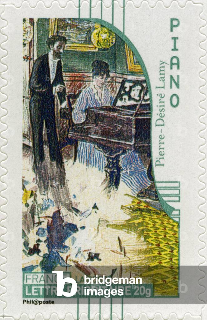 French postage stamp showing a female pianist, from a painting by French artist Pierre-Désiré Lamy -